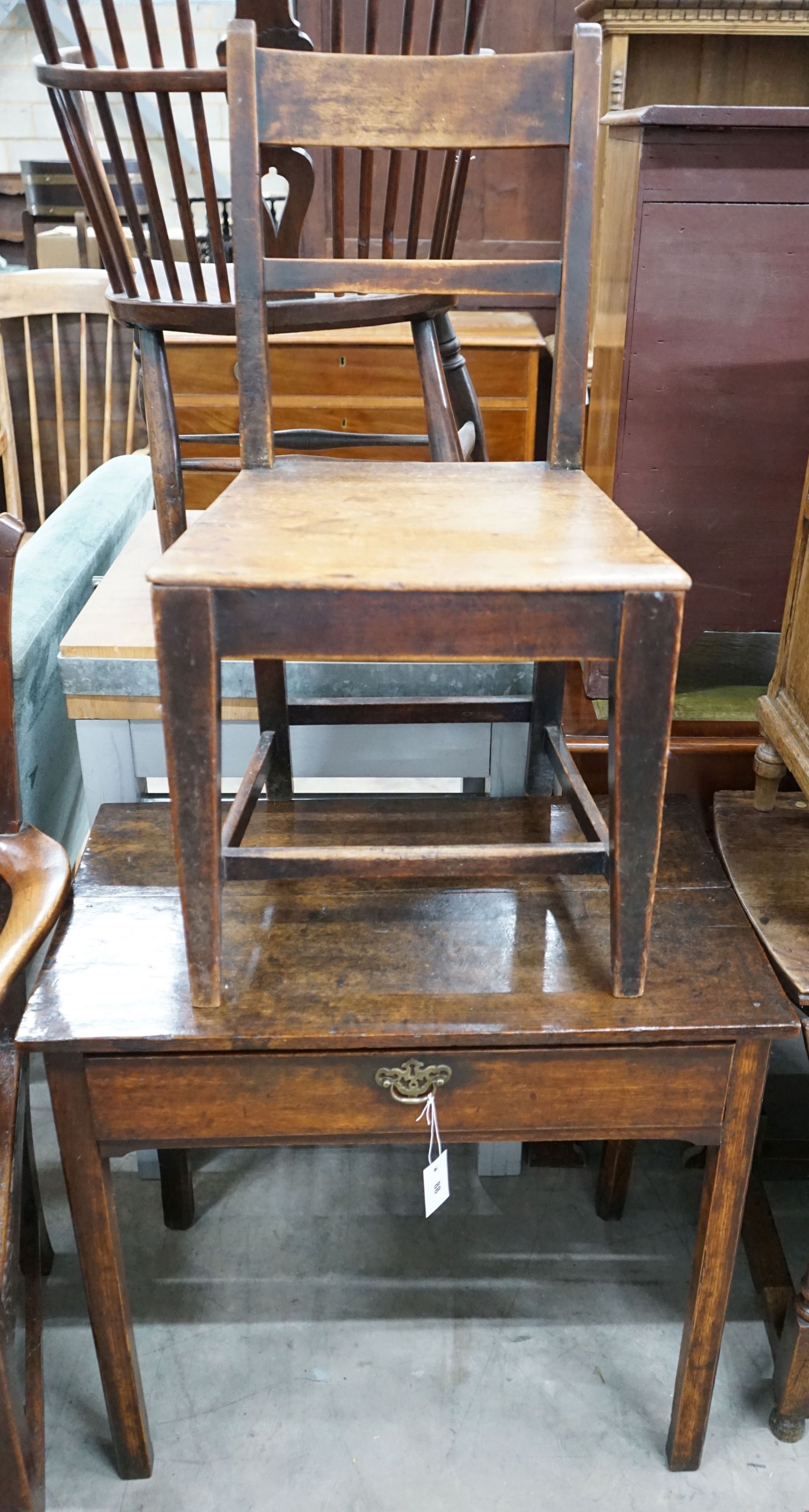 A small George III oak side table, width 75cm, depth 47cm, height 71cm and a wood seat oak chair